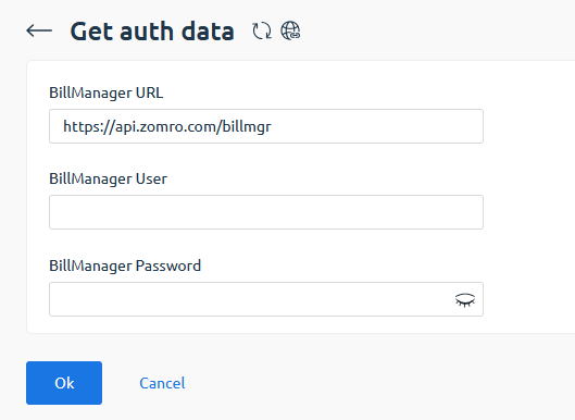 В полі BillManager URL вставте (https://api.zomro.com/billmgr).